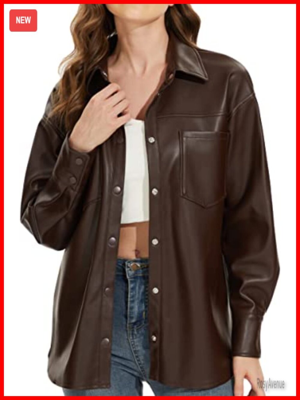 Faux Leather Shacket Loose Fit Moto Biker Jacket Button Utility Pockets